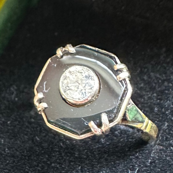 14K Art Deco Octagonal Onyx & Diamond Ring - Picture 3 of 15